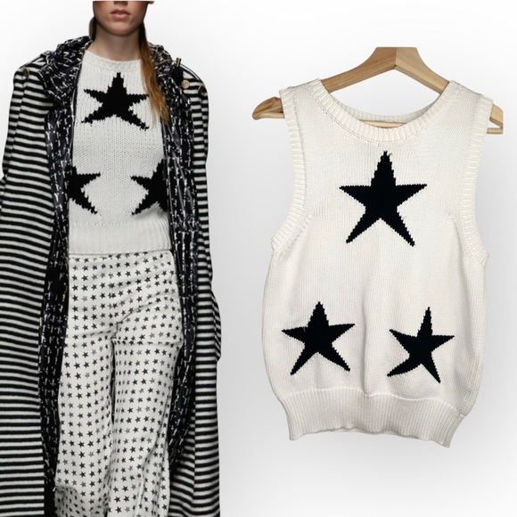 Max Mara White Sleeveless Knit Black Star Pattern Sweater Tank Top Size Large - Picture 1 of 13